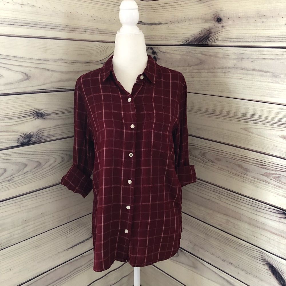 OLD Navy Burgundy Window Pane Plaid Button Down Shirt Size Small